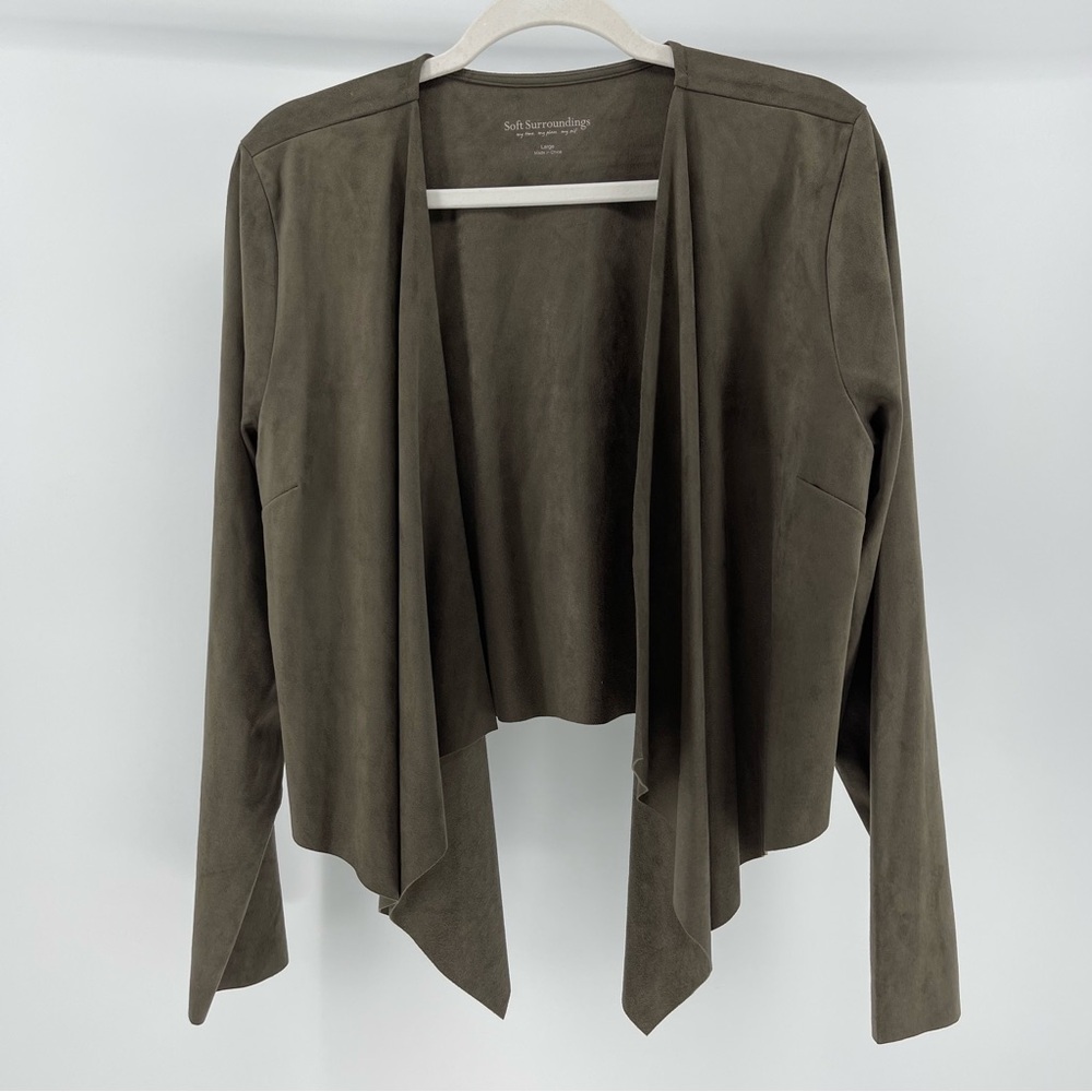 Soft Surroundings Taupe Faux Suede Drape Front Cardigan Jacket, Women's Large
